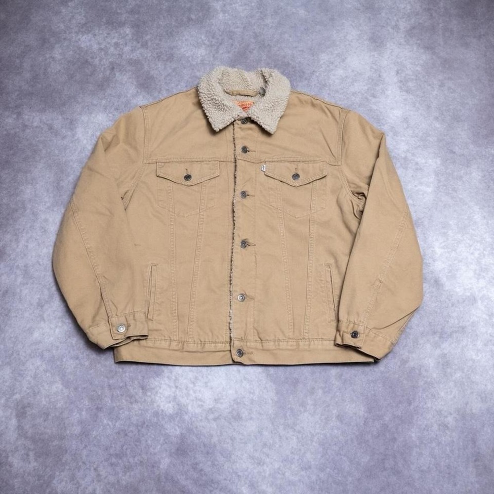 Levis Sherpa Lined Trucker Jacket Tan Canvas Mens XL Vintage Style Coat - Picture 1 of 5